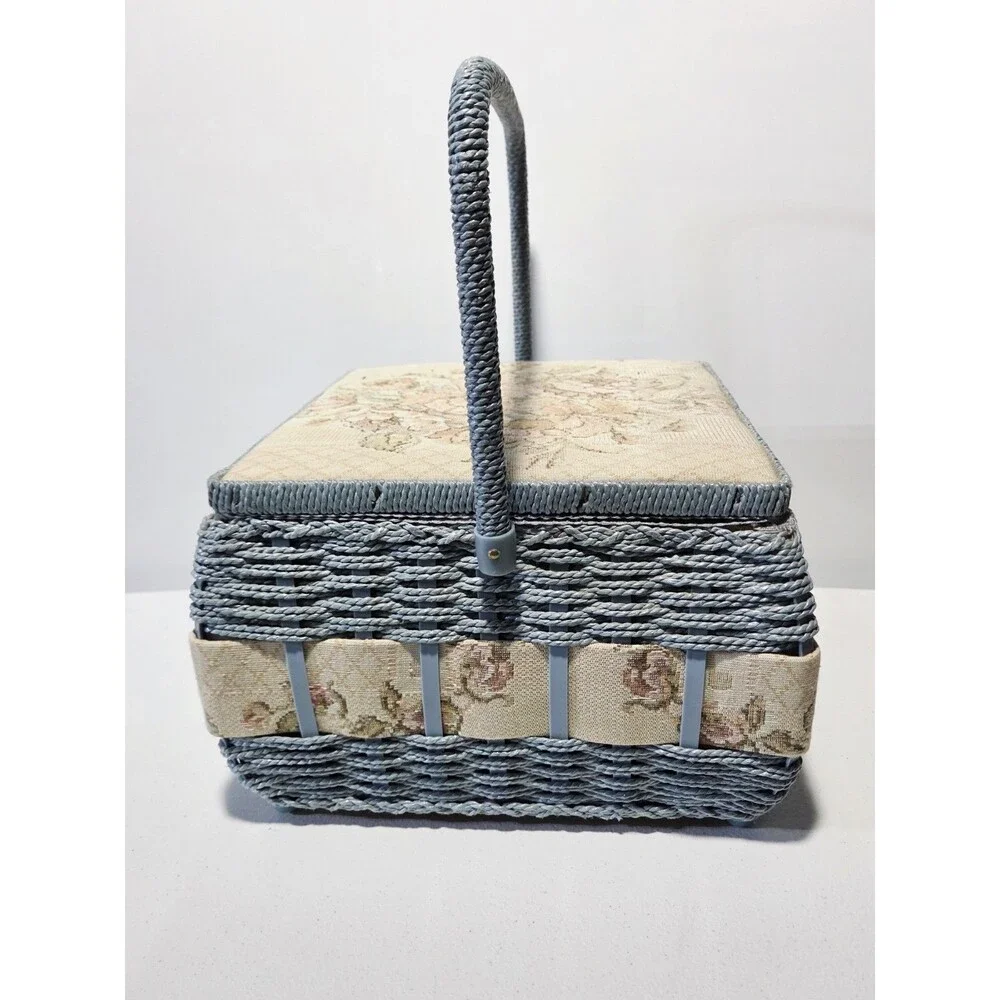 Woven Wicker Floral Tapestry Large Satin Lined Sewing Basket 11.5
